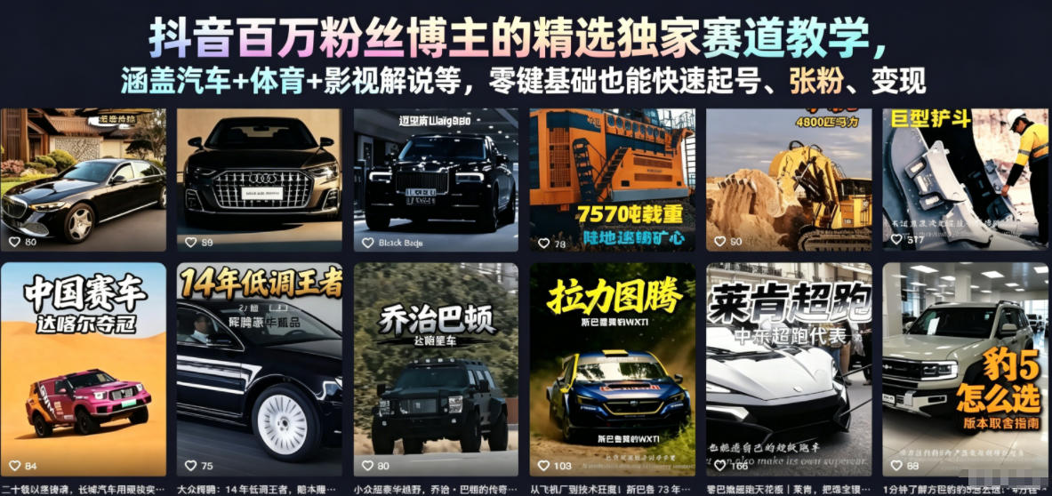 抖音百万粉丝博主的精选独家赛道教学，涵盖汽车+体育+影视解说等，零基础也能快速起号、涨粉、变现（更新0701）-云创网