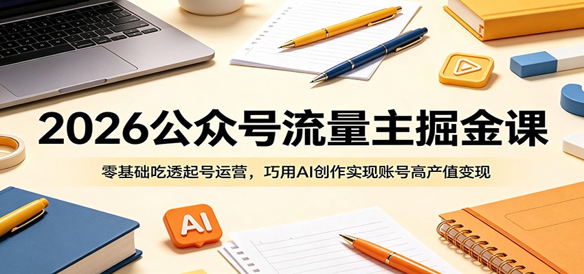 2026公众号流量主掘金课：零基础吃透起号运营，巧用AI创作实现账号高产值变现-云创网