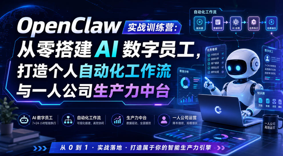 OpenClaw实战训练营：从零搭建AI数字员工，打造个人自动化工作流与一人公司生产力中台-云创网