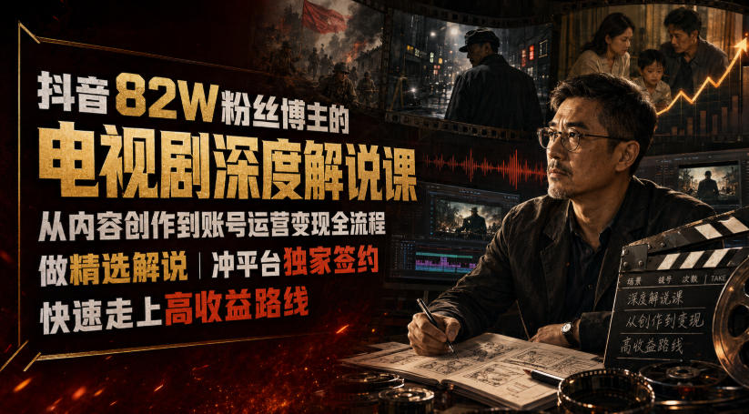 抖音82W粉丝博主的电视剧深度解说课，从内容创作到账号运营变现全流程，做精选解说，冲平台独家签约，快速走上高收益路线-云创网