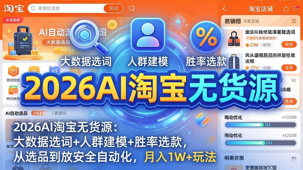 2026AI淘宝无货源-4月更新：大数据选词+人群建模+胜率选款，从选品到放大全自动化，月入1W+玩法-云创网