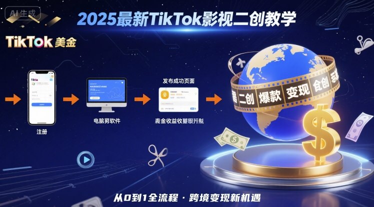 2025年最新TikTok影视二创教学，从注册到发布撸美金全流程，跨境变现新机遇-云创网