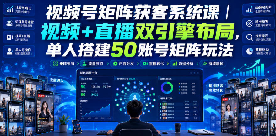 视频号矩阵获客系统课｜视频+直播双引擎布局，单人搭建50账号矩阵玩法，流量入池、搜索占位、全域引流沉淀私域全流程教学-云创网
