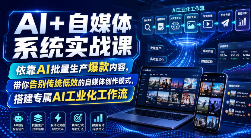 AI+自媒体系统实战课，依靠AI批量生产爆款内容，带你告别传统低效的自媒体创作模式，搭建专属AI工业化工作流-云创网