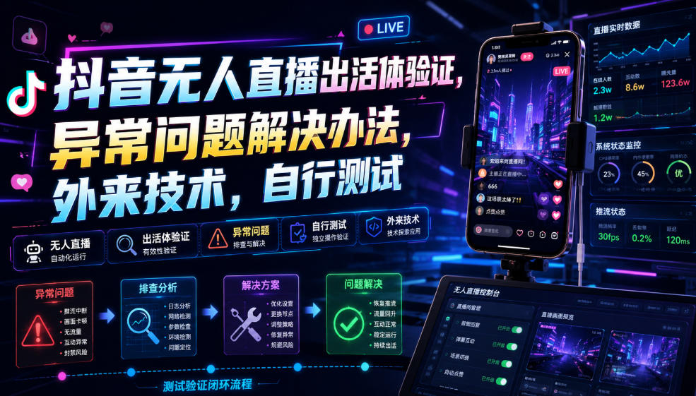 抖音无人直播出活体验证，异常问题解决办法，外来技术，自行测试-云创网
