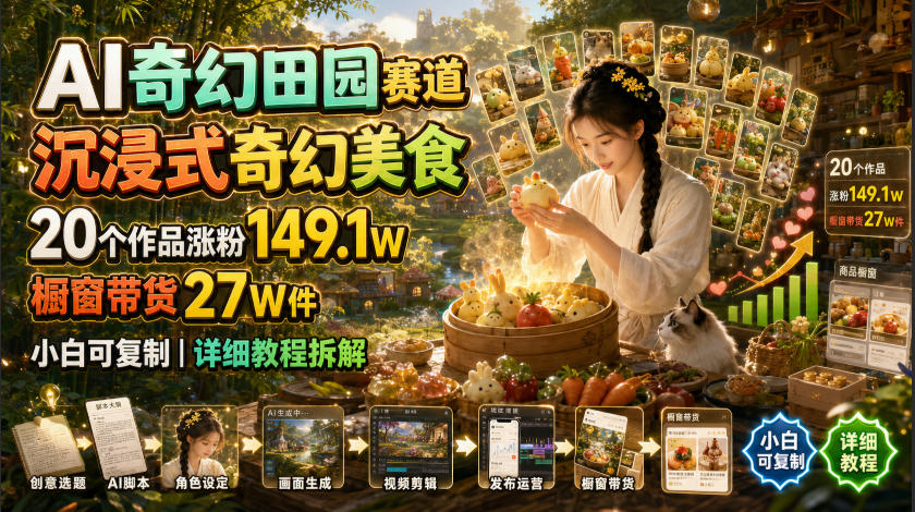 AI奇幻田园赛道，沉浸式奇幻美食，20个作品涨粉149.1W，橱窗带货27W件，小白可复制，详细教程拆解-云创网