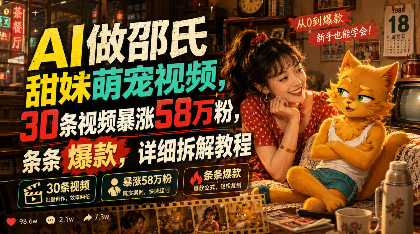 AI做邵氏甜妹萌宠视频，30条视频暴涨58万粉，条条爆款，详细拆解教程-云创网