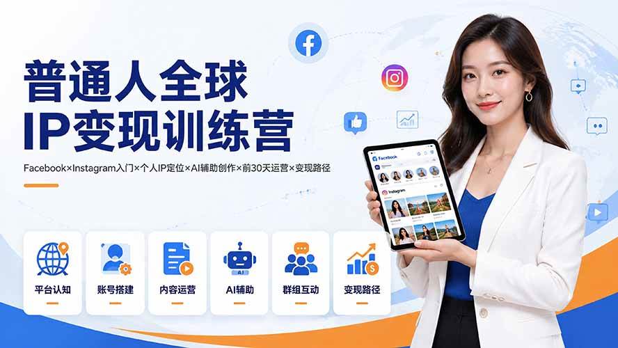 （19568期）普通人全球IP变现训练营：Facebook×Instagram入门×个人IP定位×AI辅助创作×前30天运营×变现路径-云创网