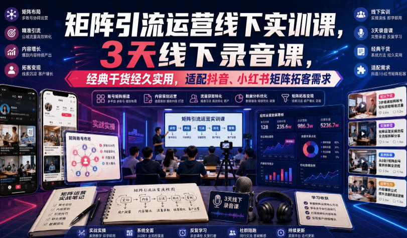 嗨推矩阵引流运营线下实训课，3天线下录音课，经典干货经久实用，适配抖音、小红书矩阵拓客需求-云创网