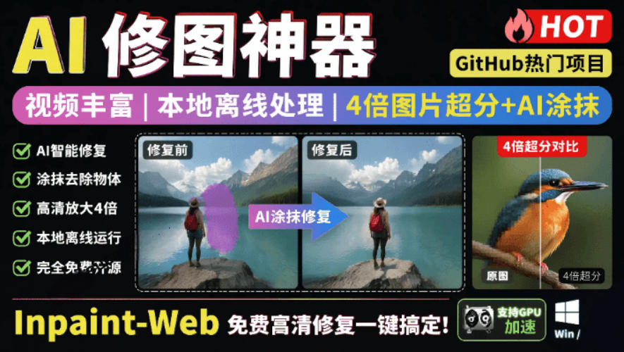 本地离线处理，4倍图片超分+AI涂抹去水印！Github上热门神器，免费高清修复图一键搞定！Inpaint-Web-云创网