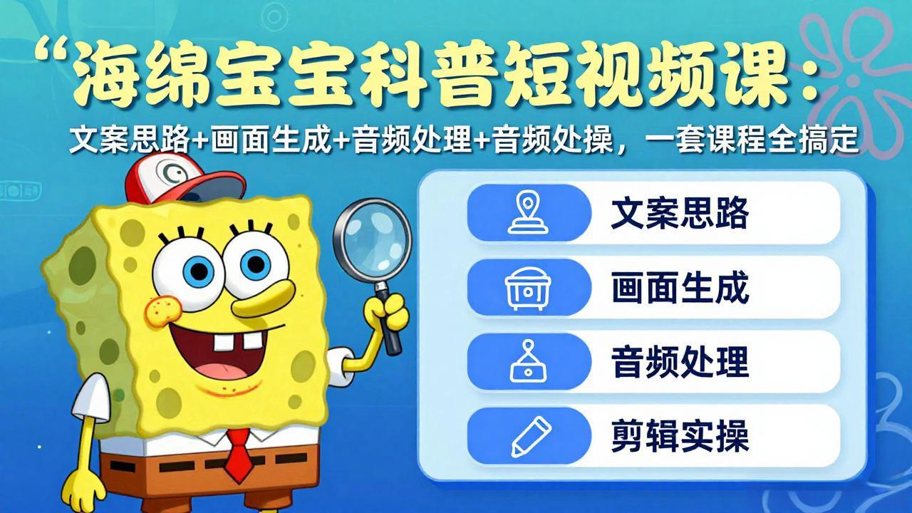 海绵宝宝科普短视频课：文案思路+画面生成+音频处理+剪辑实操，一套课程全搞定-云创网