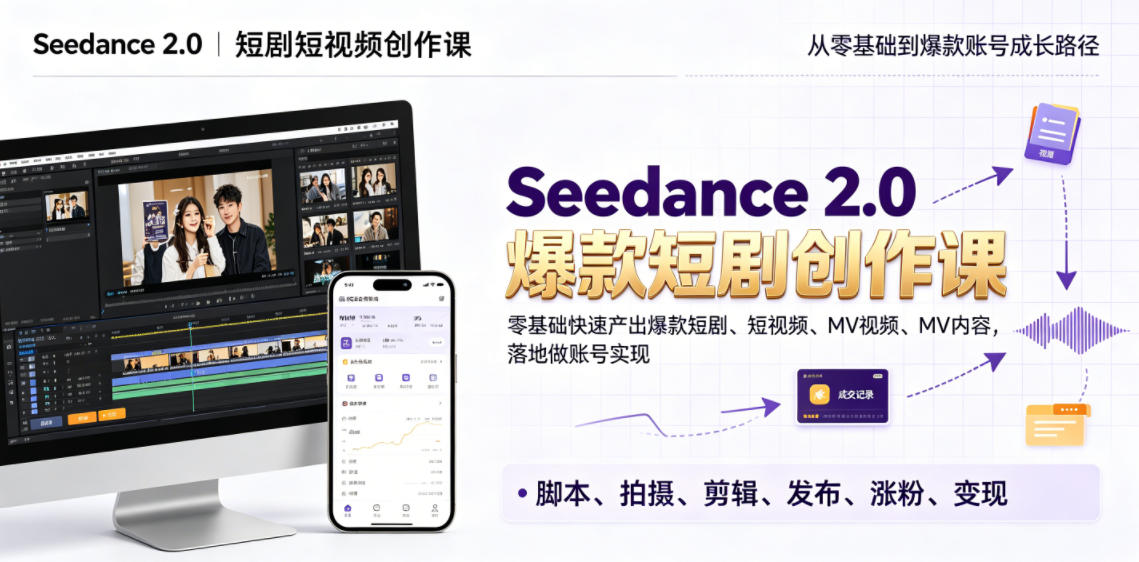 Seedance 2.0短剧短视频创作课，零基础快速产出爆款短剧、短视频、MV内容，落地做账号实现变现-云创网