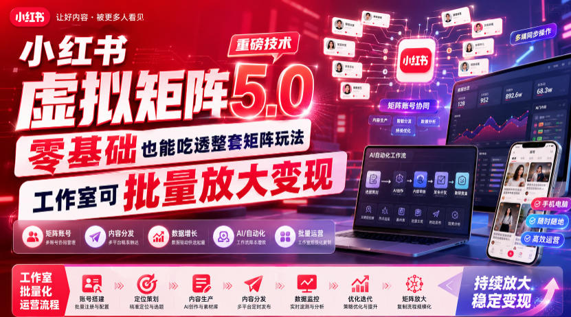 小红书虚拟矩阵5.0重磅技术，零基础也能吃透整套矩阵玩法，工作室可批量放大变现-云创网