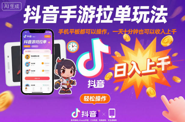 抖音手游拉单玩法，手机平板都可以操作，一天十分钟也可以收入上K【揭秘】-云创网