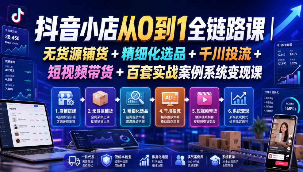 抖音小店从0到1全链路课｜无货源铺货+精细化选品+千川投流+短视频带货+百套实战案例系统变现课（2026年7月更新）-云创网