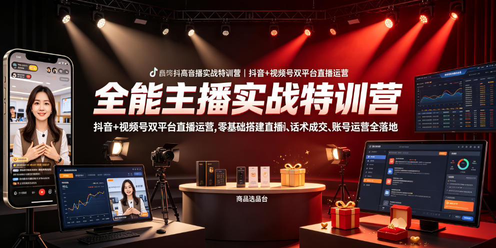 全能主播实战特训营｜抖音+视频号双平台直播运营，零基础搭建直播间、精准选品、话术成交、账号运营全落地-云创网