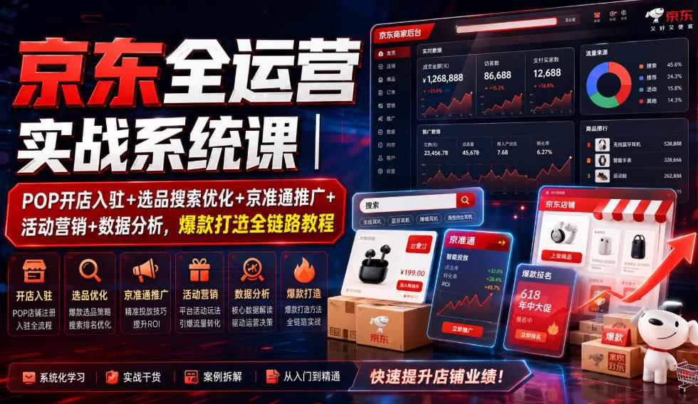 京东全运营实战系统课｜POP开店入驻+选品搜索优化+京准通推广+活动营销+数据分析，爆款打造全链路教程-云创网