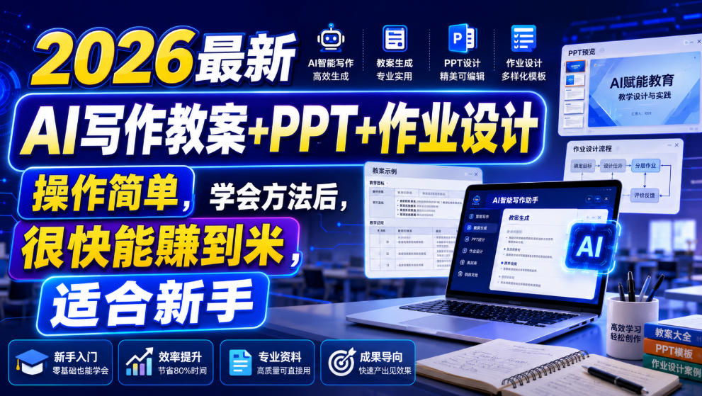 2026最新AI写作教案+PPT+作业设计，操作简单，学会方法后，很快能賺到米，适合新手-云创网