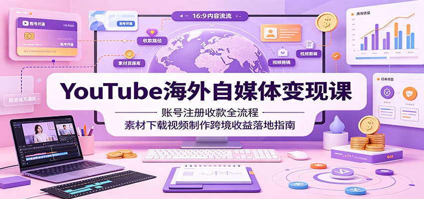 YouTube海外自媒体变现课：账号注册收款全流程，素材下载视频制作跨境收益落地指南-云创网