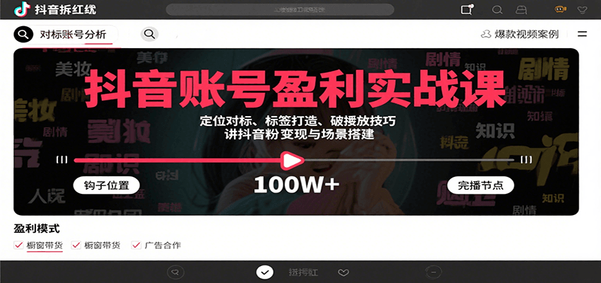 抖音账号盈利实战课，定位对标、标签打造、破播放技巧，讲涨粉变现与场景搭建-云创网