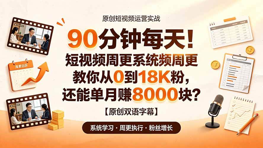（19265期）90 分钟每天！短视频周更系统教你从 0 到 18K 粉，还能单月赚 8000 块？【原创双语字幕】-云创网