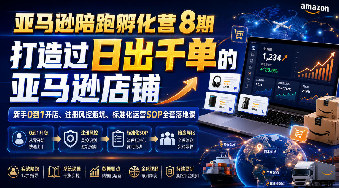亚马逊陪跑孵化营8期，打造过日出千单的亚马逊店铺，新手0到1开店、注册风控避坑、标准化运营SOP全套落地课-云创网