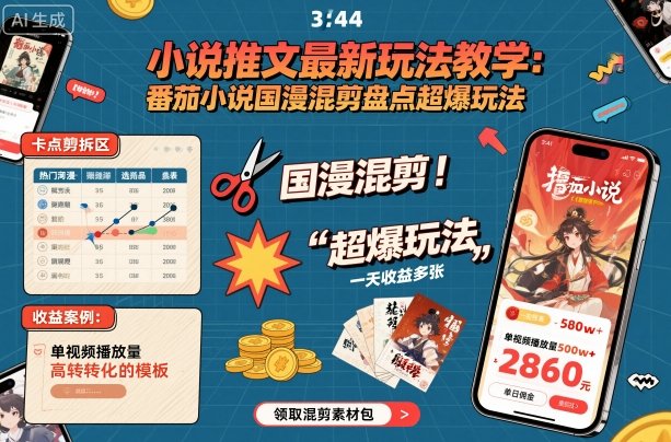 小说推文最新玩法教学，番茄小说国漫混剪盘点超爆玩法，全程干货，一天收益多张-云创网