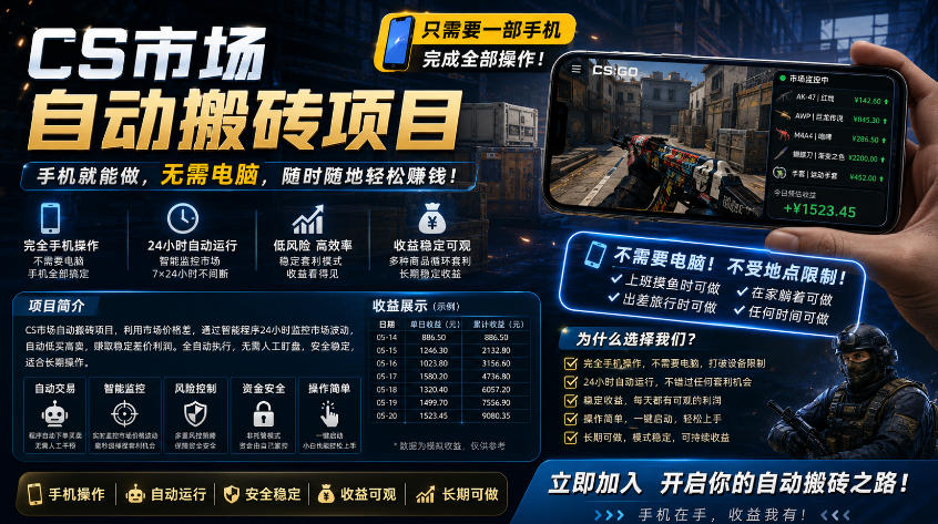 手机即可操作的CS市场自动搬砖系统｜自动监控｜自动下单|日入300+【揭秘】-云创网