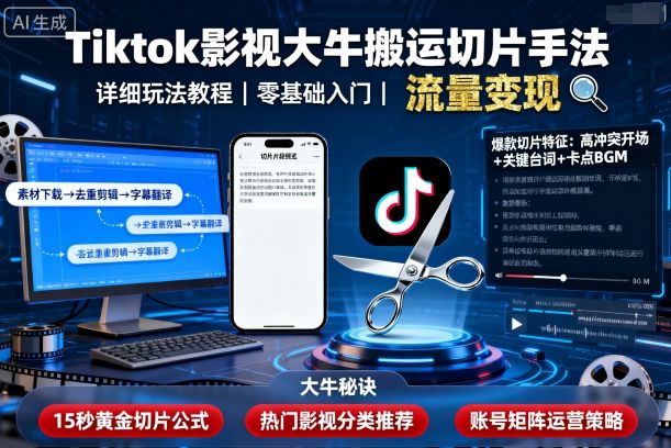 Tiktok影视大牛搬运切片手法，详细玩法教程-云创网