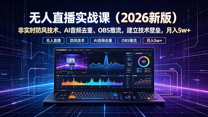 （19292期）无人直播实战课（更新7月），非实时防风技术、AI音频去重、OBS推流，建立技术壁垒，月入5w+-云创网