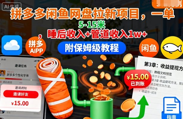 拼多多闲鱼网盘拉新项目，一单5-15米，睡后收入+管道收入1w+(附保姆级教程)-云创网