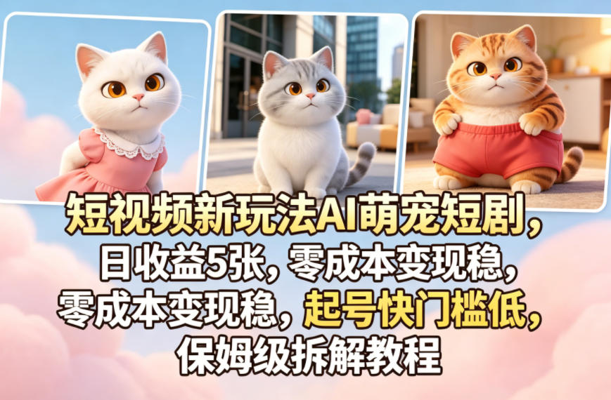 短视频新玩法AI萌宠短剧，日收益5张，零成本变现稳，起号快门槛低，保姆级拆解教程-云创网