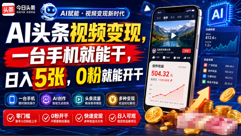 AI头条视频变现，一台手机就能干，日入5张，0粉就能开干-云创网