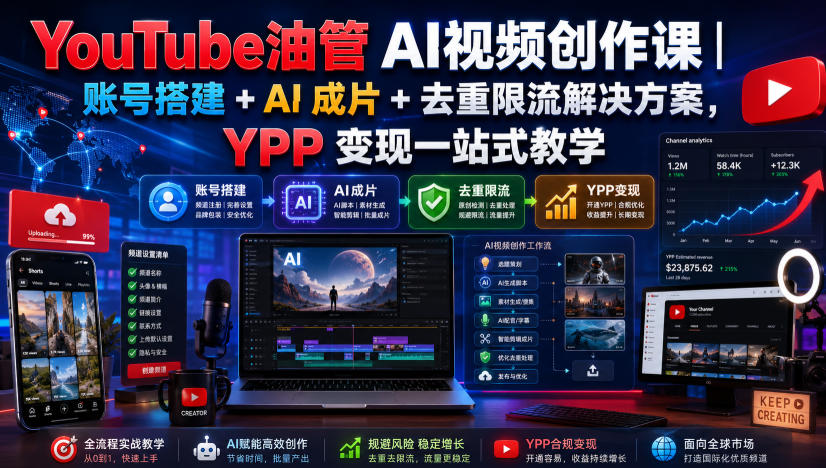 YouTube油管AI视频创作课｜账号搭建+AI成片+去重限流解决方案，YPP变现一站式教学-云创网
