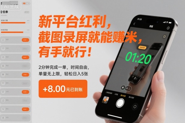 新平台红利，截图录屏就能賺米，有手就行！2分钟完成一单，时间自由，单量无上限，轻松日入5张【揭秘】-云创网