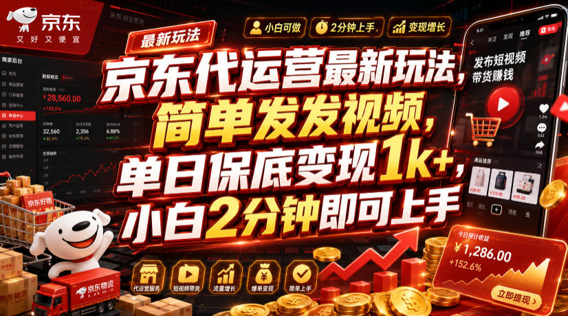 京东代运营最新玩法，简单发发视频，单日保底变现1k+，小白2分钟即可上手【揭秘】-云创网