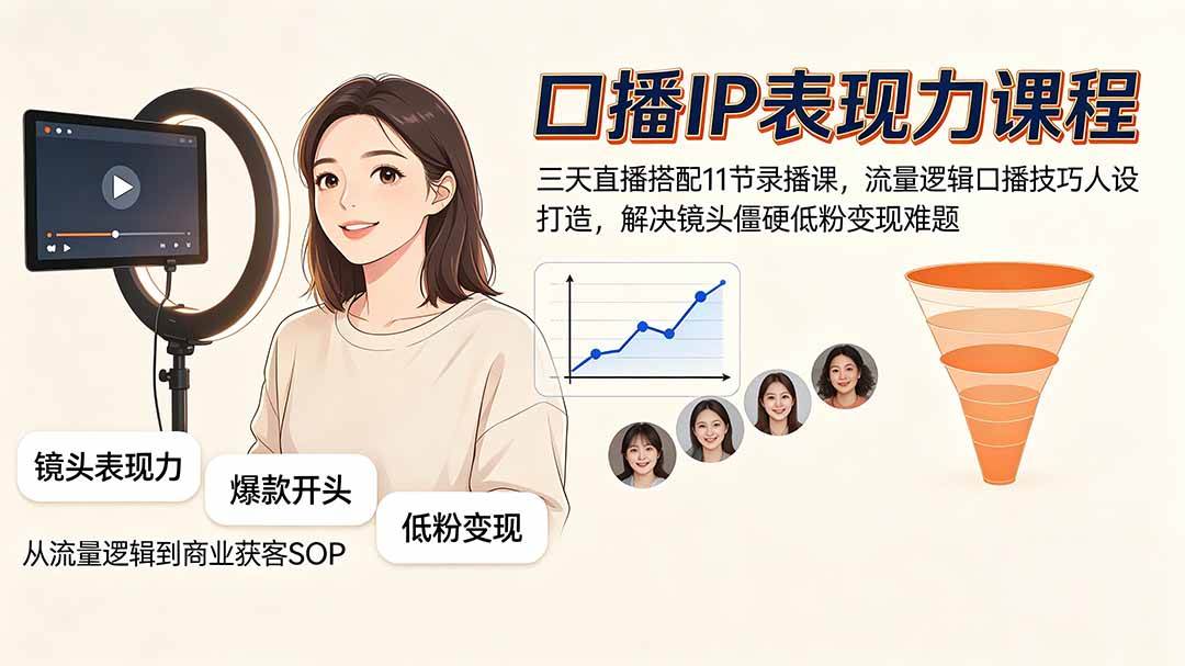 （19604期）口播IP表现力课程｜三天直播搭配11节录播课，流量逻辑口播技巧人设打造，解决镜头僵硬低粉变现难题-云创网