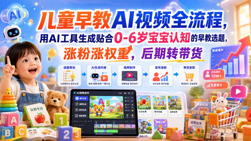 儿童早教AI视频全流程，用AI工具生成贴合0-6岁宝宝认知的早教选题，涨粉涨权重，后期转带货-云创网