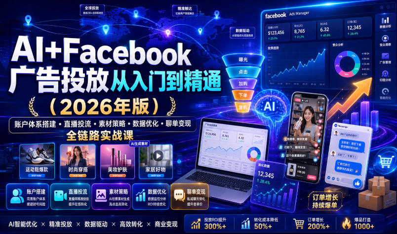 AI+Facebook广告投放从入门到精通（2026年版）｜账户体系搭建・直播投流・素材策略・数据优化・聊单变现全链路实战课-云创网