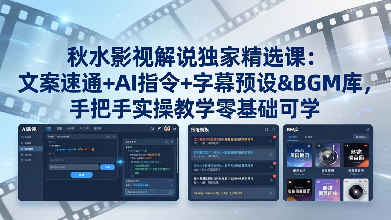 秋水影视解说独家精选课：文案速通+AI指令+字幕预设+BGM库，手把手实操教学零基础可学-云创网