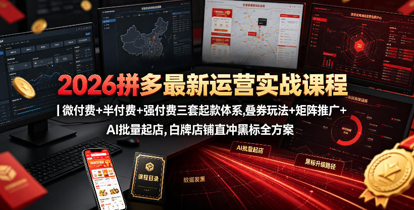 2026拼多多最新运营实战课程｜微付费+半付费+强付费三套起款体系，叠券玩法+矩阵推广+AI批量起店，白牌店铺直冲黑标全方案-云创网