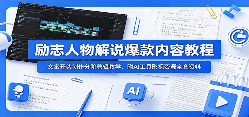 励志人物解说爆款内容教程：文案开头创作分阶剪辑教学，附AI 工具影视资源全套资料-云创网