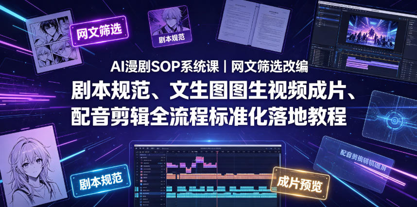 AI漫剧SOP系统课｜网文筛选改编、剧本规范、文生图图生视频成片、配音剪辑全流程标准化落地教程-云创网