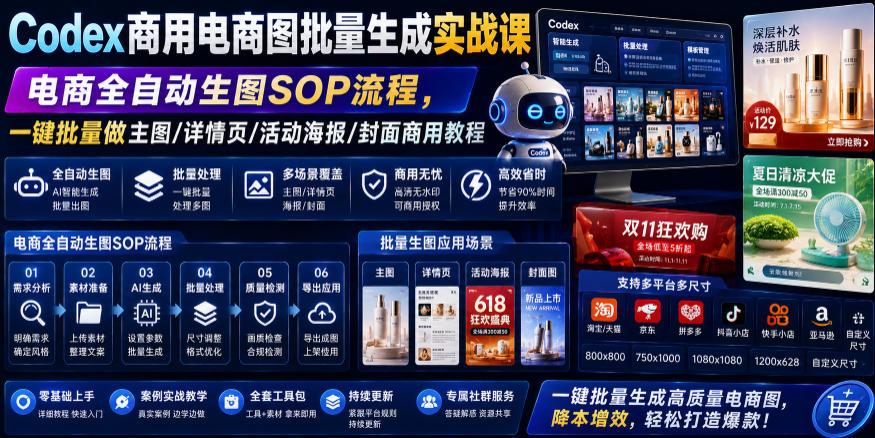 Codex商用电商图批量生成实战课｜电商全自动生图SOP流程，一键批量做主图/详情页/活动海报/封面商用教程-云创网
