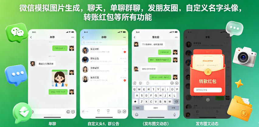 微信模拟图片生成，聊天，单聊群聊，发朋友圈，自定义名字头像，转账红包等所有功能都可以生成-云创网