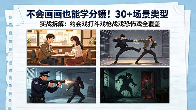 不会画画也能学分镜！30+场景类型实战拆解：约会戏打斗戏枪战戏恐怖戏全覆盖-云创网