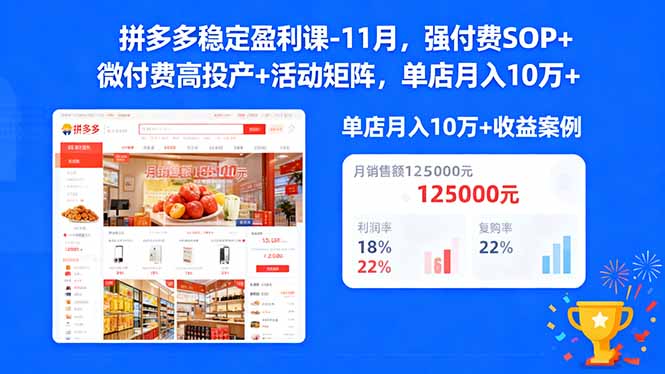 拼多多稳定盈利课-11月，强付费SOP+微付费高投产+活动矩阵，单店月入10万+-云创网