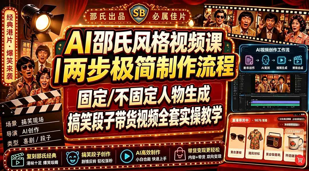 （19602期）AI邵氏风格视频课｜两步极简制作流程，固定/不固定人物生成，搞笑段子带货视频全套实操教学-云创网