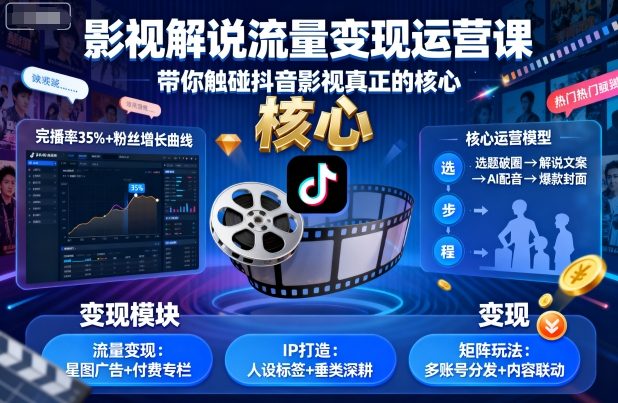 影视解说流量变现运营课，带你触碰抖音影视真正的核心-云创网