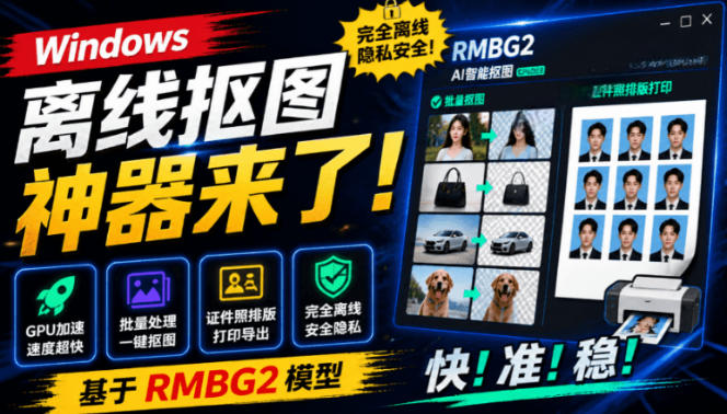 Windows离线抠图神器来了！支持批量抠图+证件照排版打印，基于RMBG2模型，GPU加速方块AI抠图-云创网